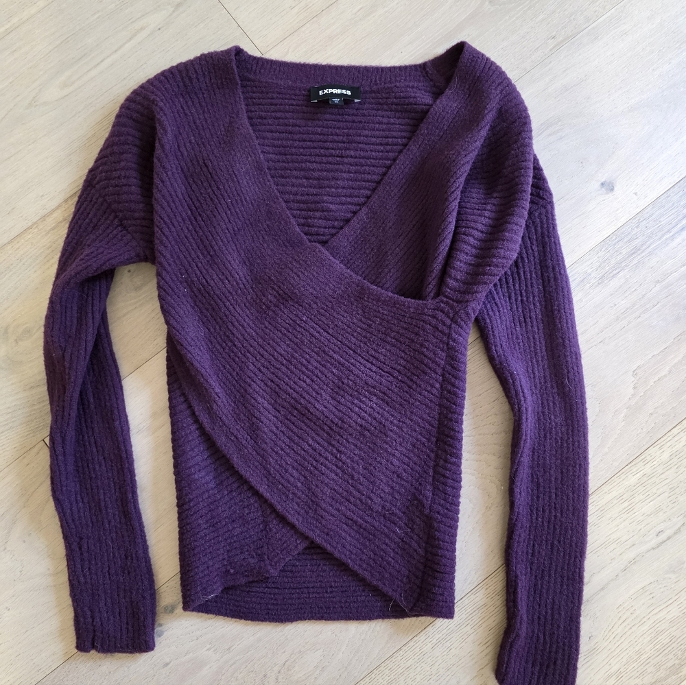 Express Deep Purple Ribbed V-Neck Sweater